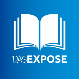 Offenes Buch mit Text "DAS EXPOSE" auf blauem Hintergrund.