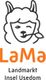 Lama-Gesicht, darunter Text "LaMa, Landmarkt Insel Usedom" in Orange und Schwarz.