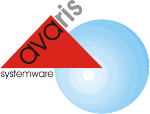 Logo mit rotem Dreieck, Text "avaris", darunter "systemware" und blauem Kreis im Hintergrund.