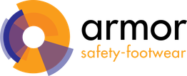 Logo met oranje en paarse cirkels en de tekst "safety-footwear" in het oranje.