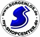 Kreisförmiges Logo mit blauem "S", Text: "www.SORGENLOS.de" und "my-SHOPCENTER.de".