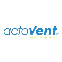 Logo von actovent mit Slogan "we act for ventilation" in Blau und Grün auf weißem Hintergrund.
