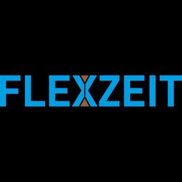 Schwarzer Hintergrund mit dem blauen Wort "FLEXXZEIT", das durch ein braunes "X" geteilt wird.
