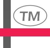 Graues "TM" in ovalem Rahmen, rotes Band und grauer Streifen auf weißem Hintergrund.