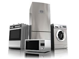 Stainless steel appliances: stove, fridge, microwave, and washing machine on white background.