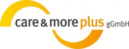 Logo mit gelben Kreisen und Text: "care & more plus gGmbH" in Grau und Orange.