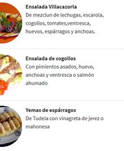 Menú de ensaladas: Villacazorla, cogollos y yemas de espárragos, con precios en euros.