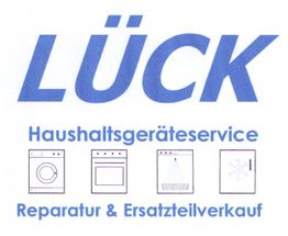 Lück: Haushaltsgeräte-Service, Reparatur & Ersatzteilverkauf mit Symbolen für Geräte.