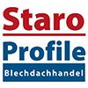 Textlogo "Staro Profile Blechdachhandel" in Rot und Blau auf weißem Hintergrund.