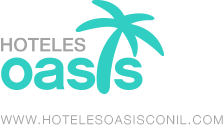 Logo de Hoteles Oasis con palmera y sitio web: www.hotelesoasisconil.com.