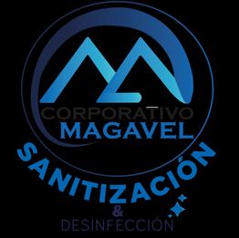 Logotipo azul de Corporativo Magavel con las palabras "Sanitización y Desinfección".