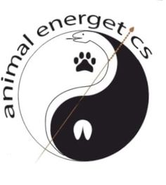 Yin-Yang-Symbol mit Pfote und Huf, Schriftzug "animal energetics", Pfeil durch das Symbol.