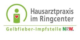 Logo der Hausarztpraxis im Ringcenter, Gelbfieber-Impfstelle NRW, mit Herz-Symbol.