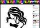 Schwarze Silhouette einer Frau mit welligem Haar, farbiger Hintergrund mit tanzenden Figuren.