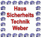 Text "Haus Sicherheitstechnik Weber" umgeben von blauen Haussymbolen.