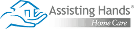 Logo of Assisting Hands with a blue hand holding a house and "Home Care" text in grayscale.