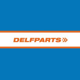 Logo van DELFPARTS in oranje tekst op een blauw-witte achtergrond.