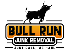 Logo with "Bull Run Junk Removal" text and an outline of a bull at the top, on a black background.