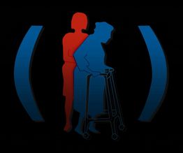 Due silhouette colorate rappresentano l'assistenza, una anziana con deambulatore e una donna.