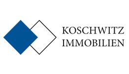 Zwei Quadrate, eines blau, und Text "Koschwitz Immobilien" auf weißem Hintergrund.
