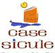 Logotipo de "case sicule" con libro naranja y sol amarillo sobre fondo blanco.