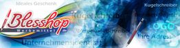 Banner mit Kugelschreiber, Logoschriftzug "Blesshop Werbemittel", Texten über Unternehmens- und Werbeartikel.