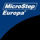 Logo mit weißem Text "MicroStep Europa" auf blauem Hintergrund, unterer Bereich schwarz.