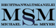 Logo der Kanzlei MSM mit Paragraphenzeichen, Text: Rechtsanwaltskanzlei Michael SMB Meyer.