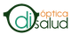 Logotipo con gafas y texto "óptica salud" en tonos verdes y naranjas.