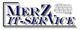 Logo mit Text: "Merz IT-Service", blau und grau. Hintergrund weiße angedeutete Tastatur.