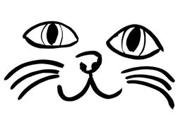 Eenvoudige zwart-witte tekening van een kattengezicht met grote ogen en snorharen.