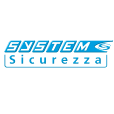 Logo di "System Sicurezza" in blu con scritta stilizzata e simbolo a forma di onda.