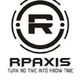 Circular logo with "R Paxis" text below, slogan: "Turn no time into know time."