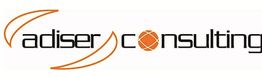 Logotipo de "adiser consulting" con diseño en negro y naranja.