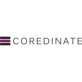 COREDINATE-Logo mit drei horizontalen Streifen links, zwei schwarz, einer violett.