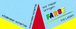 Buntes Werbebanner mit Schrift: "Wir Maler bringen Farbe ins Leben" und Kontaktinfo.