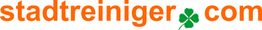Logo mit der Aufschrift "stadtreiniger.com" in Orange und einem grünen Kleeblatt.