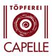 Logo der Töpferei Capelle, mit rotem Kreis und Spiralmuster.