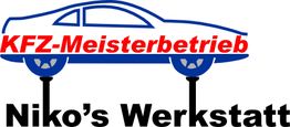 Auto-Symbol mit Text "KFZ-Meisterbetrieb Niko's Werkstatt" in Blau und Rot.