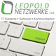 Logo von Leopold Netzwerke mit grüner "Support"-Taste auf einer Tastatur.