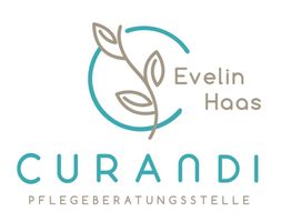 Logo mit Blattmotiv, Schriftzug: Evelin Haas, CURANDI Pflegeberatungsstelle.