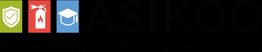 Logos von Schild, Feuerlöscher und Doktorhut über Schriftzug "ASIKOO".