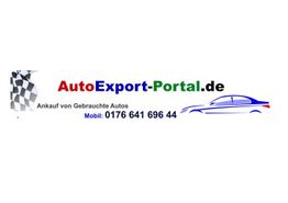 AutoExport-Portal.de Logo mit Auto-Skizze, Schachbrett-Muster und Telefonnummer. Ankauf von Autos.