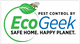 EcoGeek logo with a leaf, bee, "Pest Control," "Safe Home. Happy Planet."