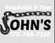 Text logo for John's Roadside & Tow with a chain and hook design.