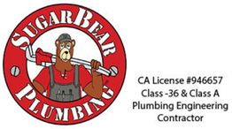 Bear mascot holding wrench, "Sugar Bear Plumbing" logo, CA License #946657, contractor details.