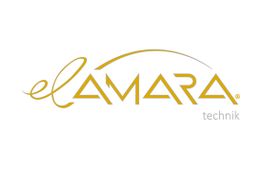 Logo mit dem Schriftzug "elAMARA technik" in goldener Schrift auf weißem Hintergrund.
