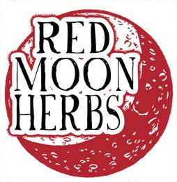"Red Moon Herbs logo with bold text over a red, textured moon design."