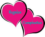 Dos corazones rosados, uno con la palabra "Regalos" y otro con "Cumpleaños".