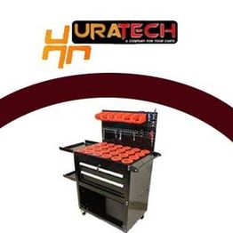 Tool cart with orange holders, logo "Uratech" above.